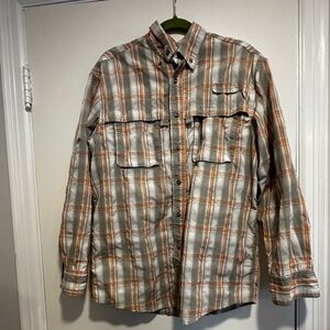 LL Bean Mens Medium Regular Vented Back Grey/orange plaid Button Up Seersucker.